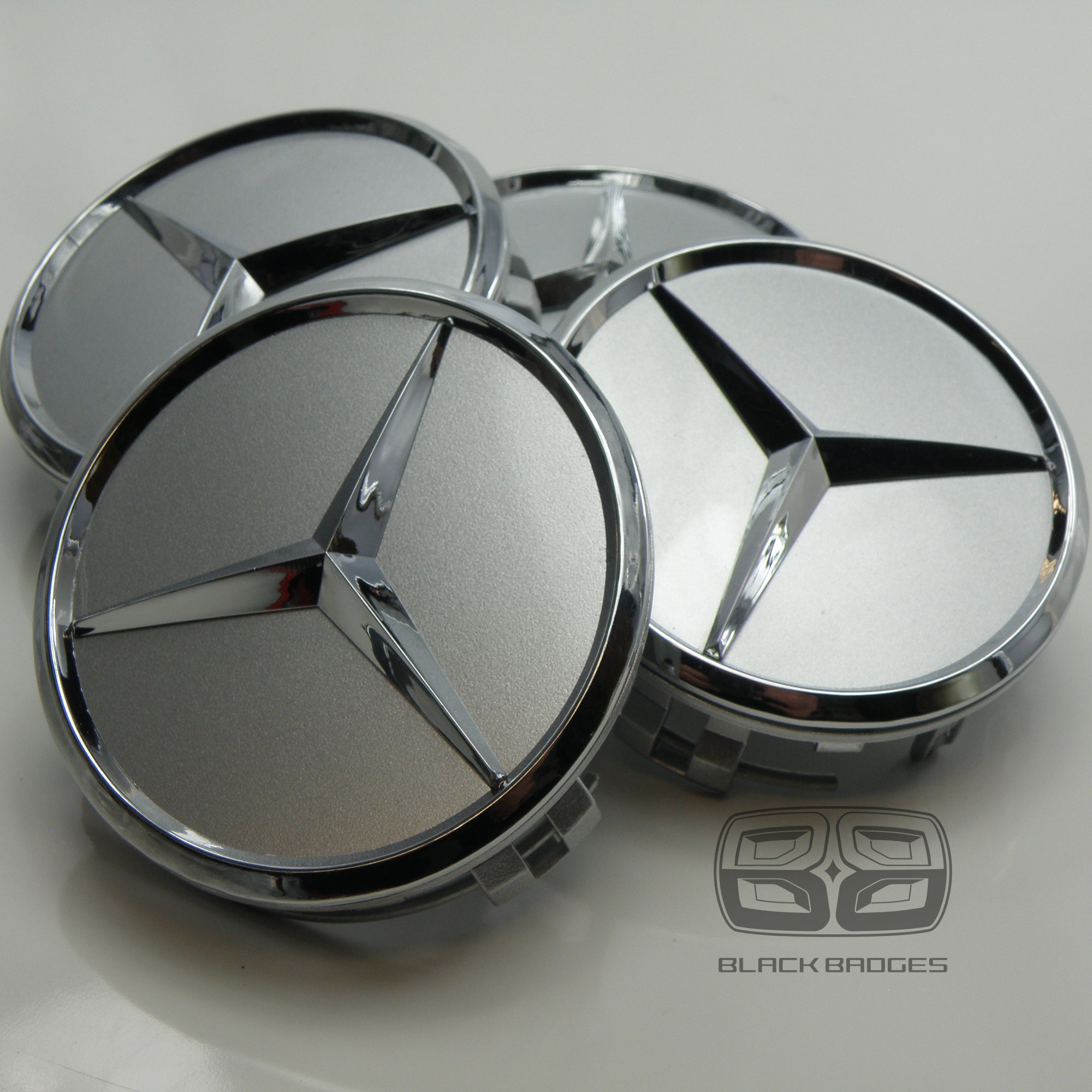 CHROME STAR CENTRE CAPS to fit ALL MERCEDES ALLOY WHEELS 75mm