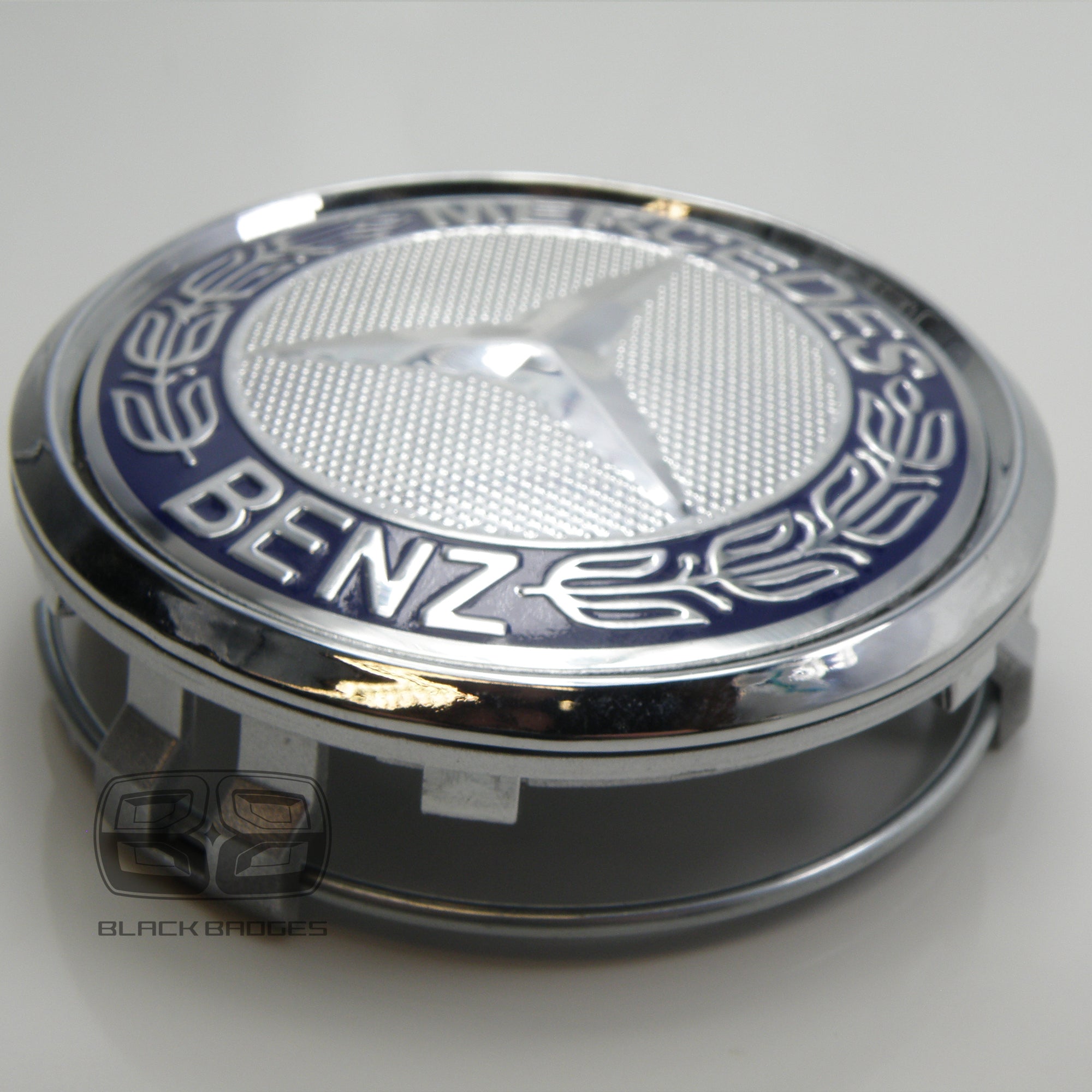 CHROME & BLUE CENTRE CAPS to fit ALL MERCEDES ALLOY WHEELS 75mm