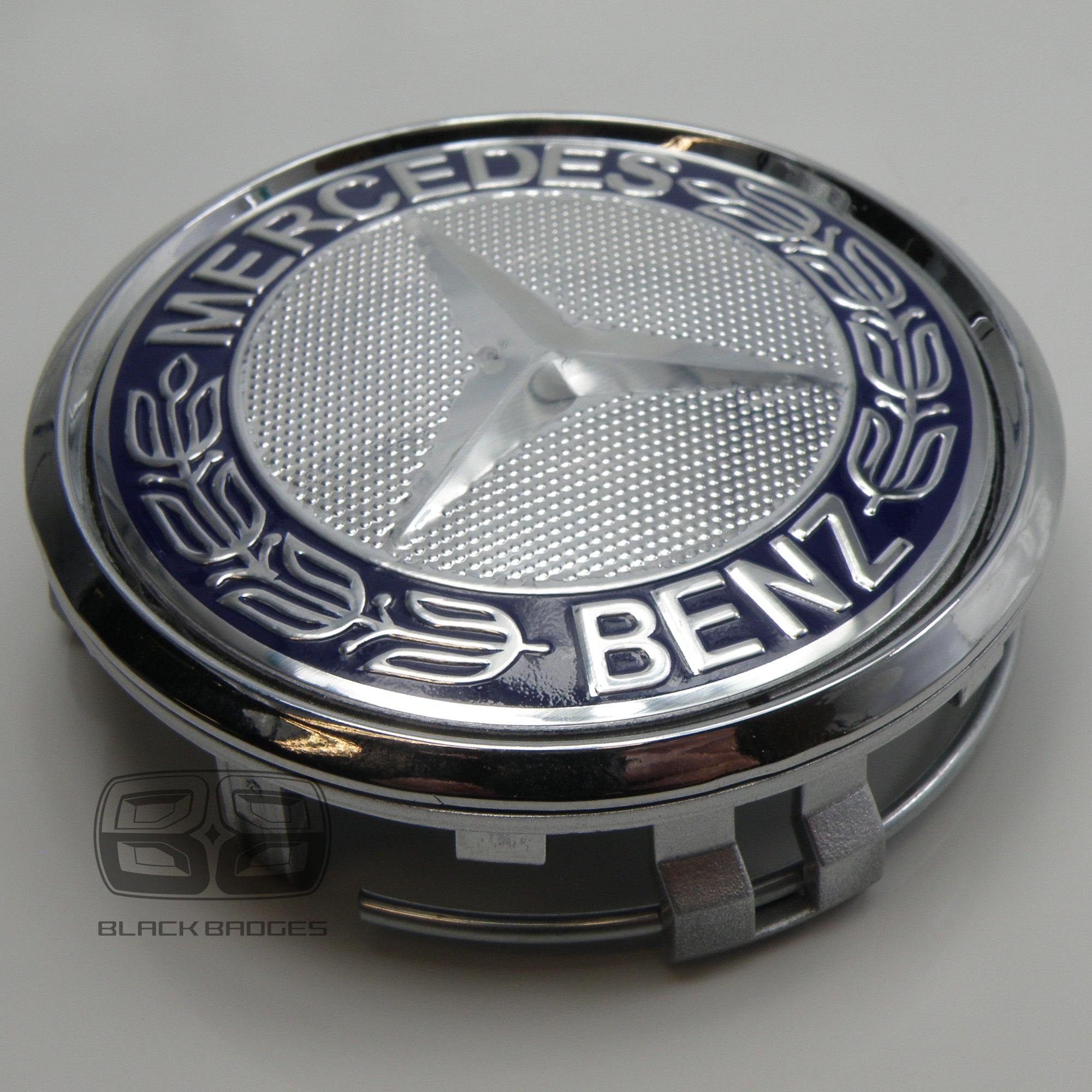 CHROME & BLUE CENTRE CAPS to fit ALL MERCEDES ALLOY WHEELS 75mm