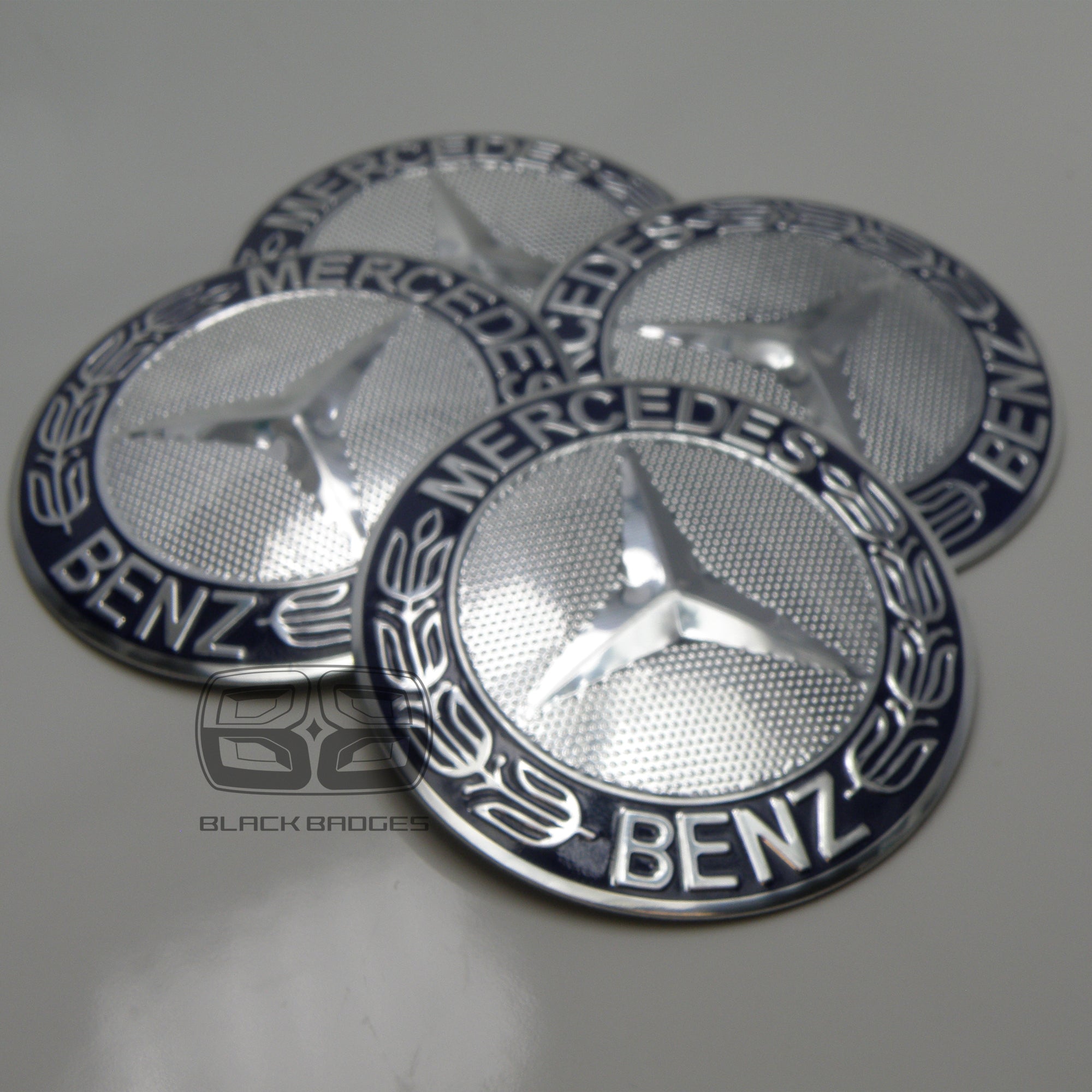 CHROME & BLUE CENTRE CAP BADGES to fit ALL MERCEDES ALLOY WHEELS