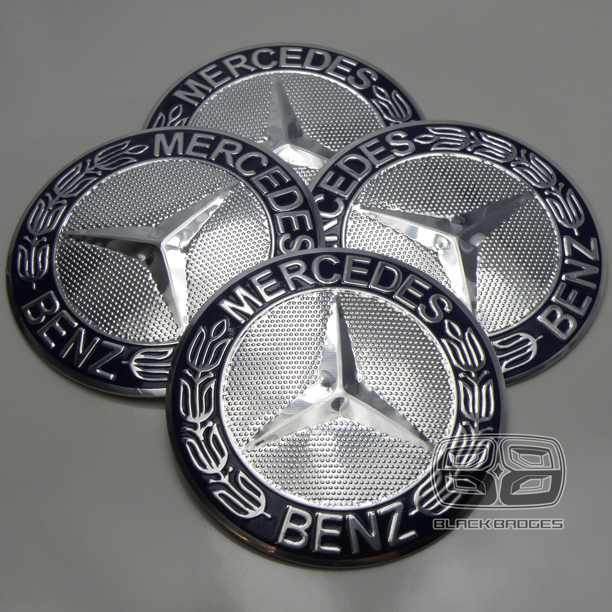 CHROME & BLUE CENTRE CAP BADGES to fit ALL MERCEDES ALLOY WHEELS