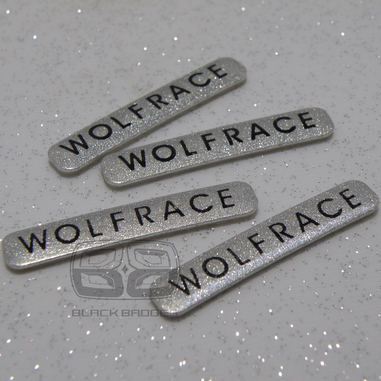 ALLOY WHEEL RIM LIP EDGE BADGES SET BADGE WOLFRACE SPARKLE SILVER STICKER 34mm