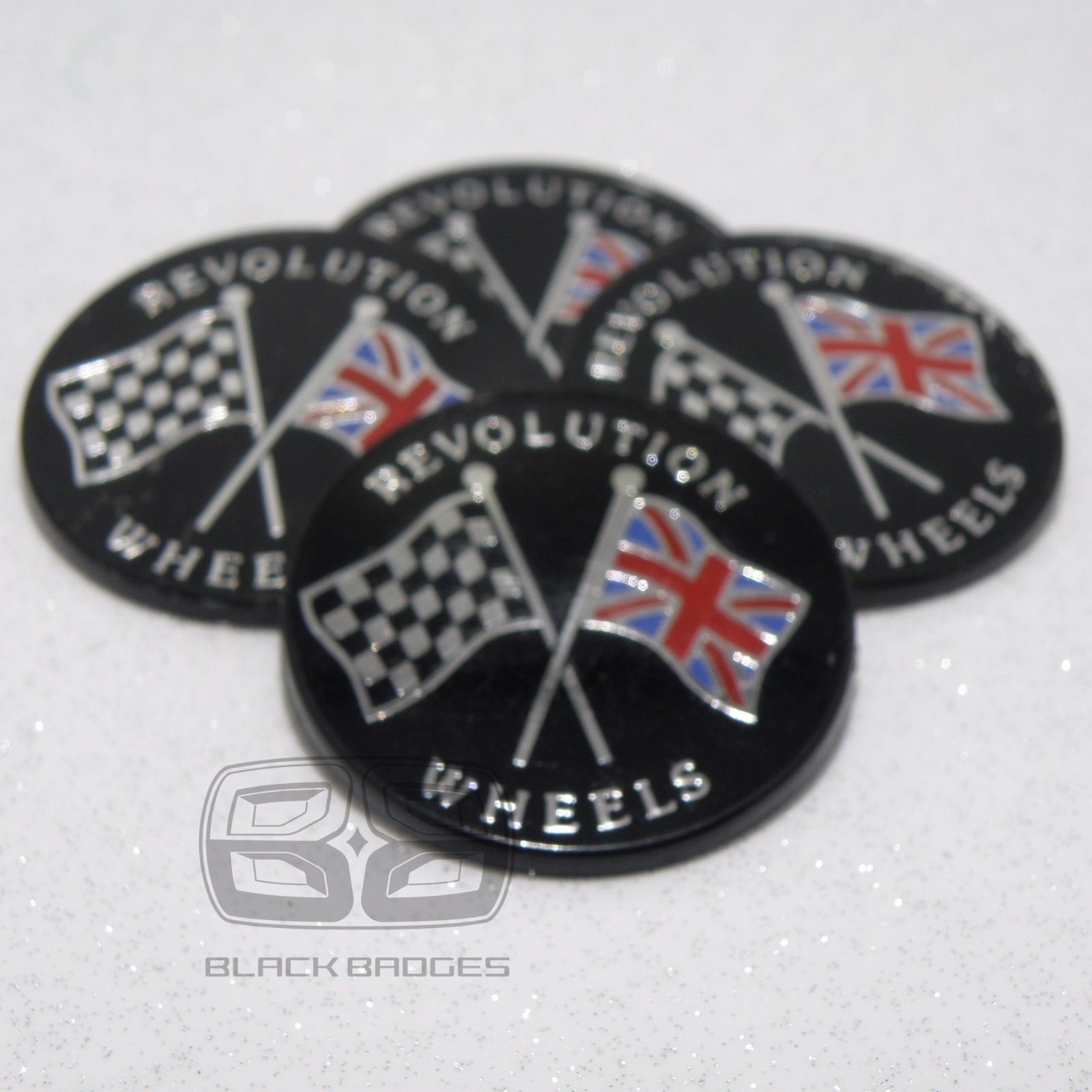50mm REVOLUTION ALLOY WHEEL CENTRE CAP BADGES CAPS 50 mm 5CM BLACK CHROME LOGO