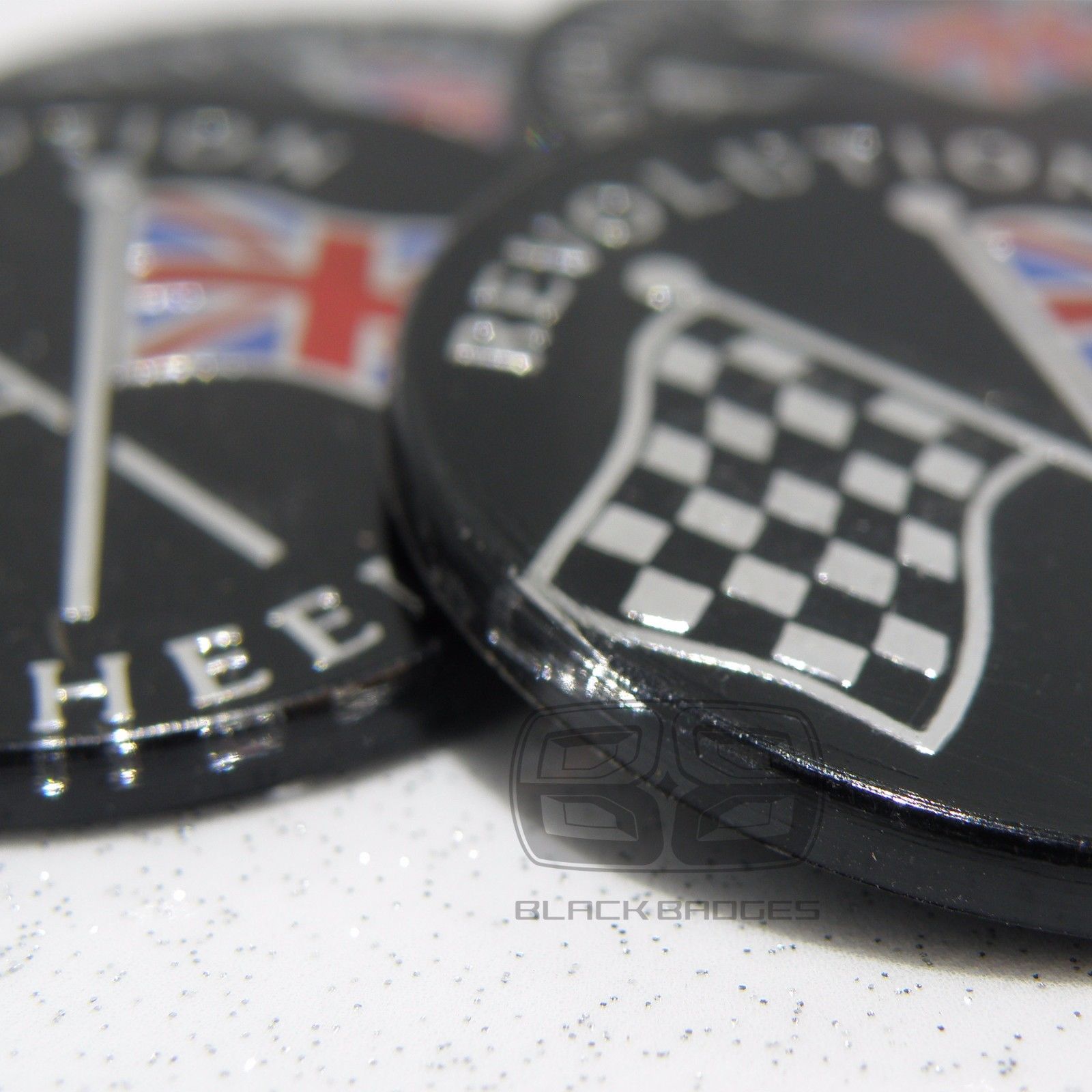 50mm REVOLUTION ALLOY WHEEL CENTRE CAP BADGES CAPS 50 mm 5CM BLACK CHROME LOGO
