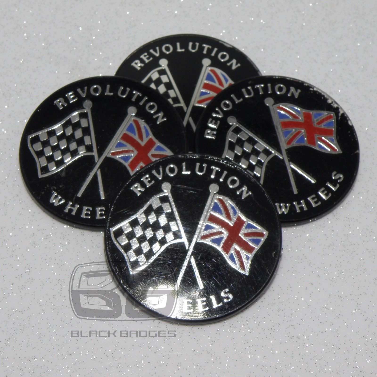 50mm REVOLUTION ALLOY WHEEL CENTRE CAP BADGES CAPS 50 mm 5CM BLACK CHROME LOGO