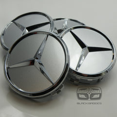 CHROME STAR CENTRE CAPS to fit ALL MERCEDES ALLOY WHEELS 75mm