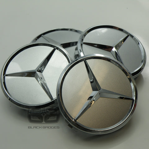 CHROME STAR CENTRE CAPS to fit ALL MERCEDES ALLOY WHEELS 75mm