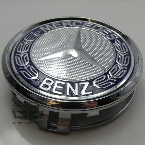 CHROME & BLUE CENTRE CAPS to fit ALL MERCEDES ALLOY WHEELS 75mm