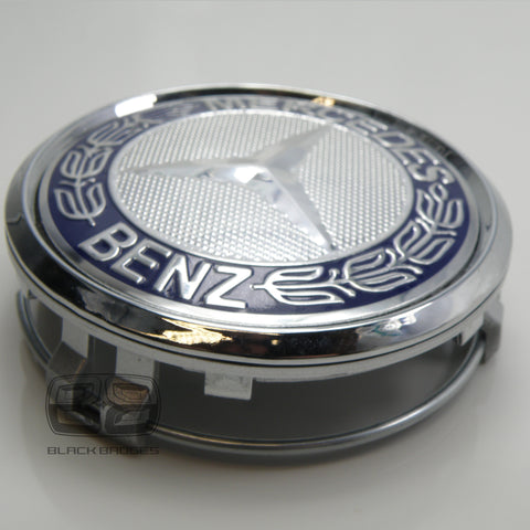 CHROME & BLUE CENTRE CAPS to fit ALL MERCEDES ALLOY WHEELS 75mm