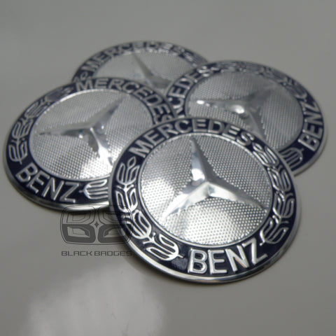 CHROME & BLUE CENTRE CAP BADGES to fit ALL MERCEDES ALLOY WHEELS