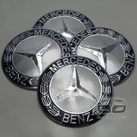 CHROME & BLUE CENTRE CAP BADGES to fit ALL MERCEDES ALLOY WHEELS