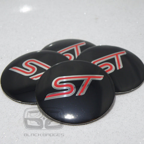 ST BLACK CHROME CENTRE CAPS BADGES CAP STICKERS FOR FORD FIESTA FOCUS RS 56mm