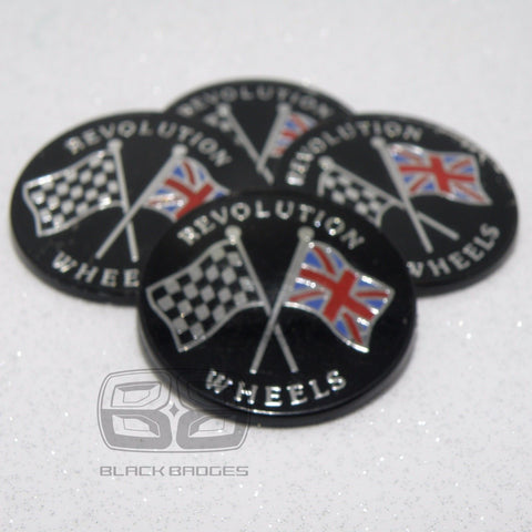 50mm REVOLUTION ALLOY WHEEL CENTRE CAP BADGES CAPS 50 mm 5CM BLACK CHROME LOGO